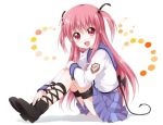  1girl :d angel_beats! ankle_lace-up bat_wings cross-laced_footwear emblem from_side full_body leg_ribbon long_hair namori open_mouth pink_eyes pink_hair revision ribbon school_uniform serafuku short_twintails sitting smile solo tail thigh_strap twintails wings yui_(angel_beats!) 