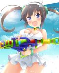  1girl blue_eyes bracelet breasts brown_hair casual_one-piece_swimsuit fang hairband jewelry large_breasts looking_at_viewer maccha minori_(senran_kagura) one-piece_swimsuit senran_kagura senran_kagura_(series) solo swimsuit swimsuit_skirt twintails water_gun 