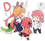  3girls bat_hair_ornament blonde_hair blush breast_envy cardigan commentary_request crossover dragon_girl dragon_horns dragon_tail gabriel_dropout glasses hair_ornament hair_rings horns kobayashi-san_chi_no_maidragon kobayashi_(maidragon) kurumizawa_satanichia_mcdowell long_hair maid maid_headdress multiple_girls necktie open_mouth pekeko_(pepekekeko) redhead school_uniform season_connection tail tooru_(maidragon) translation_request twintails 