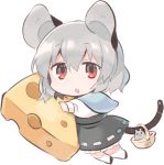  1girl akagashi_hagane animal_ears basket black_shoes capelet cheese chibi dress drooling eyebrows_visible_through_hair food full_body grey_dress grey_hair hair_between_eyes looking_at_viewer mouse mouse_ears mouse_girl mouse_tail nazrin object_hug red_eyes shoes short_hair solo swiss_cheese tail tareme touhou transparent_background triangle_mouth white_legwear 