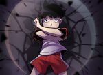  1boy black_eyes black_hair cracked_wall fighting_stance kageyama_shigeo male_focus mary_cagle mob_psycho_100 shirt shorts solo t-shirt 