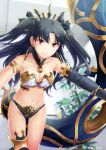  1girl alle_gro bangs black_gloves black_hair breasts cleavage closed_mouth collarbone earrings elbow_gloves eyebrows_visible_through_hair fate/grand_order fate_(series) gloves ishtar_(fate/grand_order) jewelry long_hair looking_at_viewer medium_breasts navel parted_bangs pink_eyes revealing_clothes single_elbow_glove single_thighhigh smile solo thigh-highs tohsaka_rin twitter_username two_side_up 
