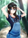 1girl adjusting_clothes adjusting_hat alternate_costume aoi_rin_(miya1102) blue_eyes blurry braid brown_hair depth_of_field hair_over_shoulder hat highres kantai_collection long_hair overalls peaked_cap shigure_(kantai_collection) single_braid solo tree 