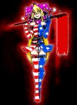  1girl adapted_costume alternate_costume alternate_legwear american_flag_dress american_flag_gloves american_flag_legwear bare_shoulders belt black_background blonde_hair blood bloody_weapon choker clownpiece constricted_pupils crazy crazy_eyes crazy_smile elbow_gloves gloves glowing groin hat highleg highleg_leotard highres hood jester_cap leotard looking_at_viewer multicolored multicolored_background multiple_belts open_mouth red_background red_eyes showgirl_skirt skinny smile solo thigh-highs touhou tsukikage_muntosu v weapon zipper 