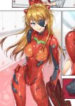  1girl :d blue_eyes blush breasts brown_hair evangelion:_3.0_you_can_(not)_redo eyepatch hair_ornament hand_on_hip highres jacket long_hair medium_breasts naughty_face neon_genesis_evangelion open_mouth plugsuit rebuild_of_evangelion redrop shiny shiny_clothes smile souryuu_asuka_langley sweat tongue track_jacket 