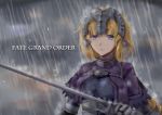  1girl absurdres armor armored_dress bangs blonde_hair blue_eyes braid breasts dress fate/apocrypha fate/grand_order fate_(series) gloves headpiece highres holding holding_weapon long_hair looking_at_viewer necktie rain ruler_(fate/apocrypha) sad serious solo standing sword very_long_hair weapon 