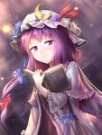  1girl bangs blue_bow bow capelet crescent crescent_hair_ornament dress expressionless hair_bow hair_ornament half-closed_eyes hat highres long_hair looking_at_viewer minust mob_cap patchouli_knowledge red_bow solo striped striped_dress touhou very_long_hair 