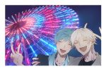  2boys ^_^ aqua_hair closed_eyes ferris_wheel hand_on_another&#039;s_shoulder highres hinapippi ichigo_hitofuri male_focus multiple_boys open_mouth smile touken_ranbu tsurumaru_kuninaga v white_hair 