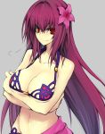  10mo 1girl bikini breasts cleavage collarbone crossed_arms fate/grand_order fate_(series) flower hair_flower hair_ornament jewelry large_breasts long_hair looking_at_viewer navel purple_hair red_eyes sarong scathach_(fate/grand_order) scathach_(swimsuit_assassin)_(fate) simple_background smile solo swimsuit 