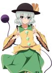  1girl aono_meri artist_name bangs blue_eyes bow cowboy_shot double_v eyeball eyebrows_visible_through_hair frilled_shirt_collar frilled_sleeves frills green_skirt hat hat_bow highres komeiji_koishi long_sleeves looking_at_viewer shirt short_hair silver_hair simple_background skirt smile solo string third_eye touhou v white_background wide_sleeves yellow_shirt 