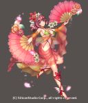  1girl bare_shoulders blue_eyes bow breasts cleavage company_name dancer fan feathers flower full_body grey_background gyakushuu_no_fantasica hair_flower hair_ornament high_heels jewelry necklace official_art petals pink_hair revealing_clothes ryuki@maguro-ex sarong simple_background solo 