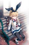  1girl 40hara adapted_costume alternate_costume ankle_boots bench blonde_hair boots chromatic_aberration coat earmuffs fur_boots fur_trim grey_boots hairband highres kantai_collection long_hair looking_at_viewer looking_up mittens pantyhose rensouhou-chan scarf shimakaze_(kantai_collection) sitting solo striped striped_scarf winter_clothes 