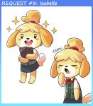  1girl animal_ears blonde_hair blush_stickers clipboard closed_eyes dog_ears dog_tail doubutsu_no_mori furry mary_cagle open_mouth round_teeth shizue_(doubutsu_no_mori) smile solo tail teeth topknot yawning 