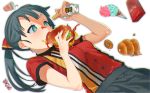  1girl aqua_hair blue_eyes breasts candy doughnut food food_on_face hamburger ice_cream ketchup long_hair mustard open_mouth original pocky ponytail simple_background solo white_background yzh_chan 