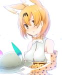  1girl animal_ears bare_shoulders blonde_hair bow bowtie bucket_hat commentary_request crying crying_with_eyes_open elbow_gloves gloves hat hat_feather highres holding holding_hat kemono_friends parted_lips serval_(kemono_friends) serval_ears serval_print shirt short_hair sleeveless solo sukemyon tears upper_body white_background 