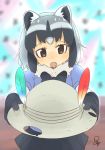  1girl :o animal_ears black_hair black_ribbon black_skirt blue_shirt brown_eyes bucket_hat collar dot_nose eyebrows_visible_through_hair eyelashes fang fur_collar gloves grey_hair grey_hat hat hat_feather holding holding_hat interacting_with_viewer kemono_friends looking_at_viewer multicolored_hair neck_ribbon open_mouth pleated_skirt pov puffy_short_sleeves puffy_sleeves raccoon_(kemono_friends) raccoon_ears ribbon satsuyo shirt short_sleeves signature skirt solo tsurime upper_body white_hair 