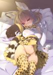  1girl animal_ears bare_shoulders bed blonde_hair blush bottle bow bowtie breasts cat_ears cat_tail elbow_gloves gloves kemono_friends looking_at_viewer lying navel on_back open_mouth panties pillow serval_(kemono_friends) serval_ears serval_print serval_tail shirt skirt skirt_lift sleeveless solo tail transpot_nonoko underwear yellow_eyes 