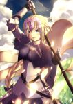  1girl armor armored_dress bangs banner blonde_hair blue_eyes braid breasts dress fate/apocrypha fate/grand_order fate_(series) floating_hair gloves hair_blowing headpiece highres holding holding_weapon long_hair looking_at_viewer ruler_(fate/apocrypha) solo standing very_long_hair weapon 