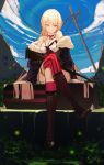  absurdres blonde_hair boots bullpup choker clouds cloudy_sky eyebrows eyebrows_visible_through_hair fur_collar girls_frontline gun highres jacket legs_crossed long_hair looking_at_viewer migime_no_yuugure necktie ots-14 ots-14_(girls_frontline) sitting skirt sky smile thigh-highs thigh_strap weapon yellow_eyes 