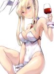  1girl alcohol alternate_costume animal_ears armadillo-tokage armpits bare_legs bare_shoulders between_breasts blonde_hair blue_eyes bow bowtie breasts bunny_girl bunny_tail bunnysuit cleavage covered_navel cup detached_collar drinking_glass fake_animal_ears graf_zeppelin_(kantai_collection) hair_between_eyes holding_glass kantai_collection large_breasts leotard long_hair necktie necktie_between_breasts rabbit_ears serious sidelocks sitting tail thighs tsurime twintails white_leotard wine wine_glass wrist_cuffs 