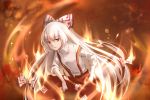  &gt;:| 1girl 2017 artist_name bow burning collared_shirt cowboy_shot dated eyebrows_visible_through_hair fiery_background fire fujiwara_no_mokou hair_bow hand_in_pocket long_hair looking_at_viewer multi-tied_hair ofuda_on_clothes pants qing_yang red_eyes red_pants shirt sleeves_rolled_up solo suspenders touhou very_long_hair white_bow white_hair white_shirt 
