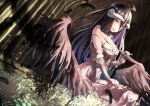  1girl albedo bare_shoulders black_hair black_wings breasts commentary_request demon_girl demon_horns feathers gloves hair_between_eyes highres horns large_breasts long_hair looking_at_viewer overlord_(maruyama) saraki solo white_gloves wings yellow_eyes 