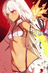  1girl altera_(fate) armor bangs bare_shoulders black_nails choker dark_skin eyebrows_visible_through_hair fate/extella fate/extra fate/grand_order fate_(series) fire holding holding_weapon looking_to_the_side midriff nachisuke_(nachi_comic) nail_polish navel rainbow red_eyes short_hair silver_hair solo sword tattoo veil weapon white_hair 