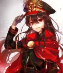  1girl belt black_hair cape commentary_request demon_archer fate_(series) fujikiri_yana gloves grey_gloves hair_between_eyes hand_on_headwear hat highres koha-ace long_hair looking_at_viewer military military_uniform open_mouth petals red_cape red_eyes smile solo uniform 