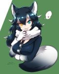  ... 1girl animal_ears black_hair blue_eyes breasts dated fur_collar gloves grey_wolf_(kemono_friends) heart heterochromia highres kemono_friends long_hair looking_at_viewer mame_jirushi multicolored_hair necktie signature solo speech_bubble tail two-tone_hair wolf_ears wolf_tail yellow_eyes 