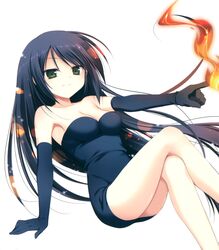  1girl absurdres armpits black_dress black_gloves black_hair breasts cleavage collarbone dress elbow_gloves eyebrows_visible_through_hair fire floating_hair gloves green_eyes highres invisible_chair juuoumujin_no_fafnir kili_surtr_muspellzheimr korie_riko legs_crossed long_hair medium_breasts simple_background sitting sleeveless sleeveless_dress smile solo strapless strapless_dress very_long_hair white_background 