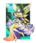  4th anklet barefoot detached_leggings dress fairy_wings flower green_hair gyakushuu_no_fantasica hair_flower hair_ornament jewelry nature official_art pointy_ears river shoes_removed soaking_feet water wings 