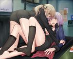  1girl all_fours alle_gro ass barefoot black_dress black_legwear black_ribbon black_shorts blonde_hair breasts couch dress fate/grand_order fate_(series) fur-trimmed_jacket fur_trim hair_ribbon jacket jeanne_alter kneehighs long_hair looking_at_viewer looking_back lying medium_breasts on_back on_couch open_clothes open_jacket open_mouth ponytail profile ribbon ruler_(fate/apocrypha) saber saber_alter short_dress short_hair short_shorts shorts silver_hair solo teeth thighs twitter_username yellow_eyes yuri 