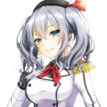  1girl aoi_(kiyokiyoaomushi) beret blue_eyes breasts epaulettes gloves hat highres jacket kantai_collection kashima_(kantai_collection) large_breasts long_hair long_sleeves silver_hair simple_background smile solo tsurime two_side_up white_background white_gloves white_jacket 