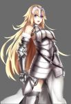  1girl armor armored_dress bangs blonde_hair blue_eyes breasts dress fate/apocrypha fate/grand_order fate_(series) gloves headpiece long_hair looking_at_viewer miya_star_saa ruler_(fate/apocrypha) smile solo standing very_long_hair 