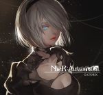  1girl artist_name black_dress black_hairband blue_eyes breasts cleavage cleavage_cutout closed_mouth copyright_name dress eyelashes gatorix hair_over_one_eye hairband juliet_sleeves light_particles lips lipstick long_sleeves looking_at_viewer makeup medium_breasts mole mole_under_mouth nier_(series) nier_automata no_blindfold nose pink_lips pink_lipstick puffy_sleeves ribbed_dress short_hair silver_hair solo torn_clothes torn_dress turtleneck upper_body yorha_no._2_type_b 