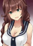  1girl 2017 aqua_eyes auburn_hair bare_shoulders blush braid breasts collarbone dated eyebrows_visible_through_hair gradient gradient_background highres kamelie kantai_collection large_breasts long_hair looking_at_viewer noshiro_(kantai_collection) open_mouth shaded_face shiny shiny_hair solo tank_top twin_braids 