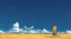  1girl animal_ears blonde_hair clouds day feathers hat kemono_friends leaf looking_away mountain serval_(kemono_friends) serval_ears serval_tail short_hair sky solo standing tail tommy830219 