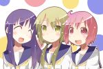  3girls :d ^_^ ahoge blonde_hair blush closed_eyes collarbone girl_sandwich hinata_yukari ichii_yui long_hair looking_at_another looking_at_viewer medium_hair miiyon multiple_girls neckerchief necktie nonohara_yuzuko open_mouth pink_eyes pink_hair purple_hair sandwiched school_uniform short_hair smile yellow_eyes yellow_necktie yuyushiki 