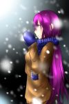  1girl blizzard blue_scarf brown_jacket coat fate/grand_order fate_(series) gloves highres long_hair purple_hair red_eyes scarf scathach_(fate/grand_order) snow snowing solo sweater very_long_hair warming warming_hands winter winter_clothes winter_coat 