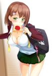  1girl bag blush breasts brown_hair cleavage commentary_request eyebrows_visible_through_hair food food_in_mouth green_eyes green_skirt hair_ornament hairclip highres large_breasts leaning_forward long_sleeves looking_at_viewer miniskirt mouth_hold no_bra original pleated_skirt school_bag school_uniform skirt solo toast toast_in_mouth uniform uzuki_hiro 