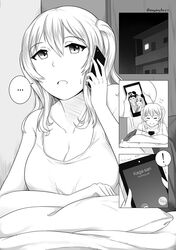  1boy 1girl alternate_costume casual cellphone comic commentary highres kantai_collection kashima_(kantai_collection) phone robba-san_(wangphing) smartphone wangphing 