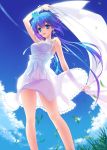 1girl :d aoki_lapis arms_up blue_hair blue_sky bracelet breasts carnelian day dress earrings gradient_hair grass headband highres holding jewelry jpeg_artifacts medium_breasts multicolored_hair open_mouth purple_hair see-through_silhouette silhouette skirt sky sleeveless smile translucent vocaloid wind 