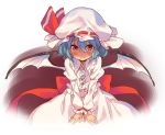  1girl :&gt; bat_wings blue_hair bow frilled_hat frilled_shirt_collar frills hair_between_eyes hat hat_ribbon juliet_sleeves long_sleeves looking_at_viewer mob_cap puffy_sleeves red_bow red_eyes red_ribbon remilia_scarlet ribbon sawayaka_samehada shaded_face shirt short_hair skirt smile solo touhou upper_body v_arms white_hat white_shirt white_skirt wings 