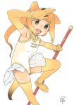  1girl :d animal_ears armpits bare_shoulders baton black_eyes blonde_hair blush bracelet brown_hair collar commentary_request elbow_gloves eyebrows eyebrows_visible_through_hair gloves golden_snub-nosed_monkey_(kemono_friends) gradient_hair hand_on_forehead hand_up high_ponytail jewelry kemono_friends long_hair looking_at_viewer monkey_ears monkey_tail multicolored_hair one_leg_raised open_hand open_mouth orange_hair outstretched_arm ponytail satsuyo shiny shiny_skin signature simple_background skirt sleeveless smile solo tail tareme thigh-highs weapon white_background white_skirt yellow_legwear 