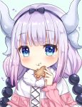  1girl beads blue_eyes butterfly cookie dress eating food hair_beads hair_ornament hairband horns kanna_kamui kobayashi-san_chi_no_maidragon long_hair pink_hair ribbon solo sunameri_(pixiv3564245) twintails upper_body very_long_hair 