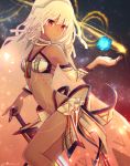  1girl altera_(fate) armor bangs bare_shoulders black_nails breasts choker closed_eyes cube dark_skin detached_sleeves fate/extella fate/extra fate/grand_order fate_(series) highres holding holding_weapon jewelry midriff nail_polish navel rainbow red_eyes shooting_star short_hair silver_hair solo tattoo veil weapon 