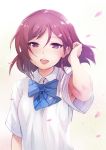  1girl :d armpit_peek collared_shirt hair_between_eyes hair_tucking inue_shinsuke lips love_live! love_live!_school_idol_project nishikino_maki open_mouth petals red_eyes redhead school_uniform shirt short_sleeves smile 