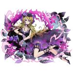  1girl anklet black_dress black_hat blonde_hair breasts character_request choker cleavage collarbone divine_gate dress entaku_no_kishi fishnet_gloves fishnets full_body gloves hair_between_eyes hat high_heels long_hair looking_at_viewer medium_breasts official_art purple_flower solo thigh_strap transparent_background ucmm very_long_hair violet_eyes 