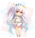  1girl :d blush bridal_gauntlets chibi dress flower_knight_girl full_body hits long_hair open_mouth ponytail sakura_neko sandals shirotaegiku_(flower_knight_girl) signature smile solo twitter_username very_long_hair white_dress white_hair yellow_eyes 