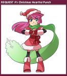  1girl blue_eyes boots clenched_hand fingerless_gloves full_body gloves green_scarf hat kneehighs mary_cagle original pink_hair red_boots santa_hat scarf solo thigh-highs zettai_ryouiki 